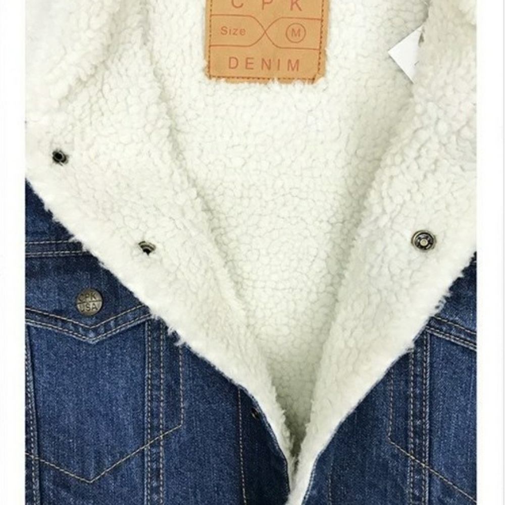 Men's casual denim sherpa jacket, dark blue, sizes small to 2XL - Picture 3 of 8